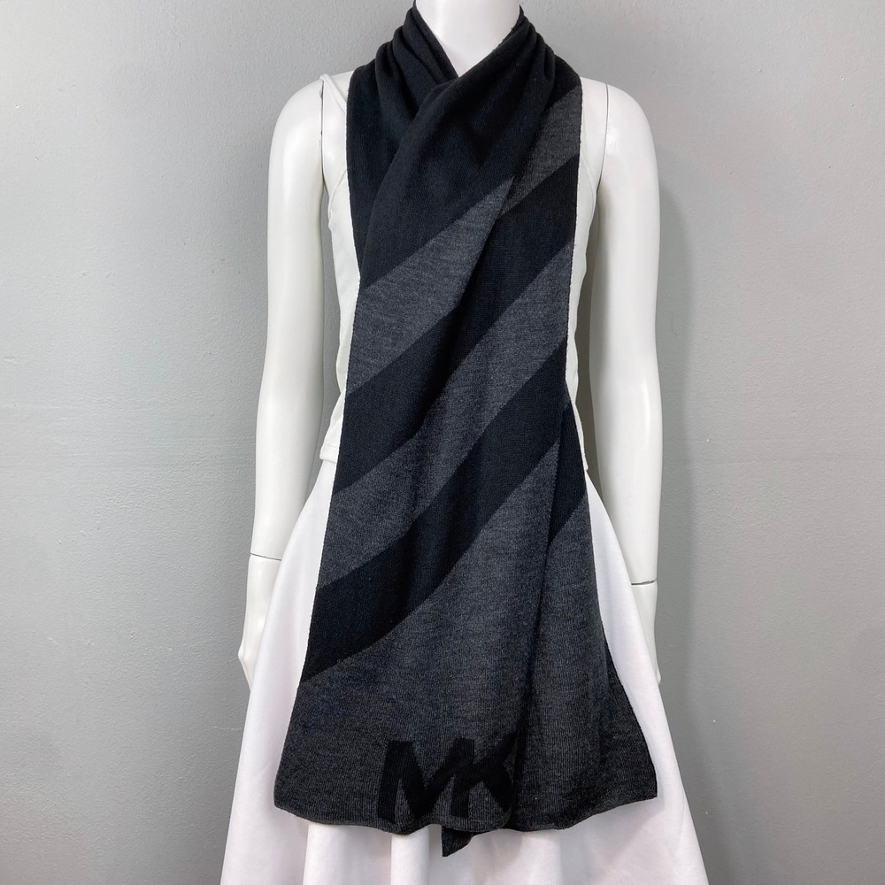 Michael Kors Scarf Charcoal Knit MK Logo Stripe Winter‎ Unisex Urban Minimalist